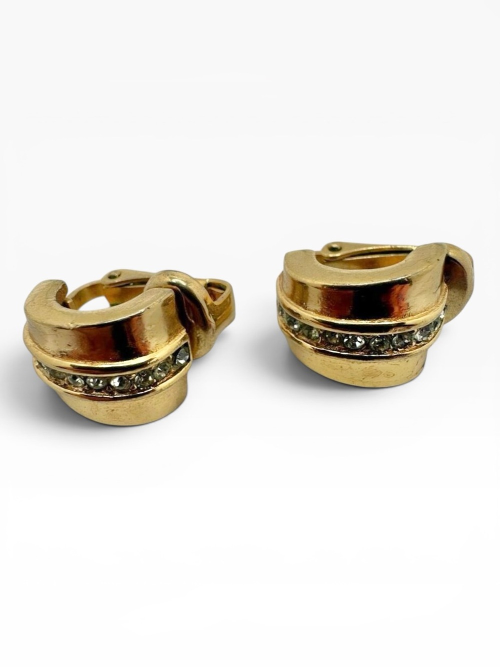 Christian Dior Gold‎ Tone Rhinestone Small Half Hoop Clip On Earrings Vintage